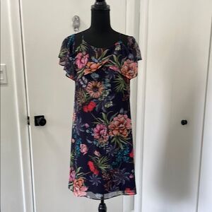 Emma & Michele Womens Navy Flower Semi-Sheer Tunic Open Shoulder Dress Sz S